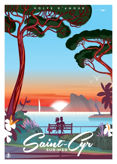 470-sunset saint Cyr sur Mer, Couché de soleil, couple, love, amour, Affiche, Tirage Art, Digigraphie, Illustration, œuvre, Poster, Fine Art. Monsieur Z