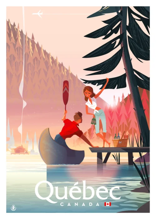471-Québec lac, Kayak, Couché de soleil, Canada, Picnic, Affiche, Tirage Art, Digigraphie, Illustration, œuvre, Poster, Fine Art. Monsieur Z