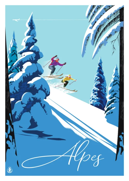 473-sapins en neigés, Course en ski dans les montagnes des alpes, Affiche, Tirage Art, Digigraphie, Illustration, œuvre, Poster, Fine Art. Monsieur Z