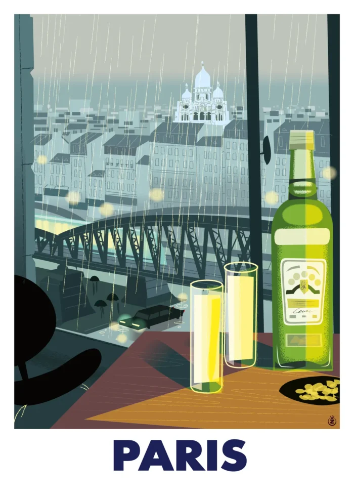 Affiche d'une terrasse parisienne sous la pluie avec un pastis par Monsieur Z