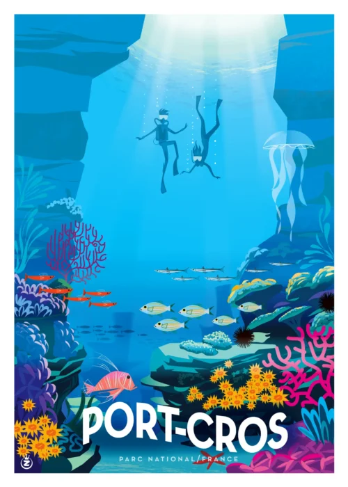 477-Plongée Port Cros Parc National, France, Faune marine, Affiche, Tirage Art, Digigraphie, Illustration, œuvre, Poster, Fine Art. Monsieur Z