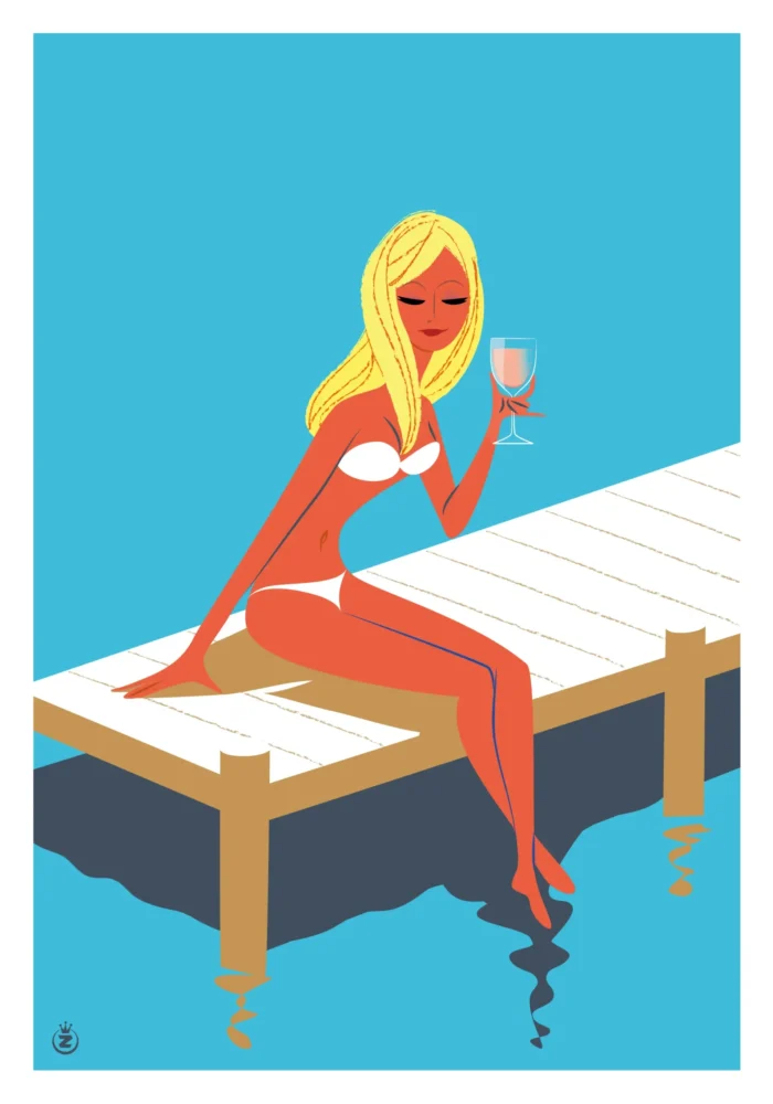 Affiche d'une femme les pieds dans l'eau avec un verre de rosé sur un ponton bleu par Monsieur Z