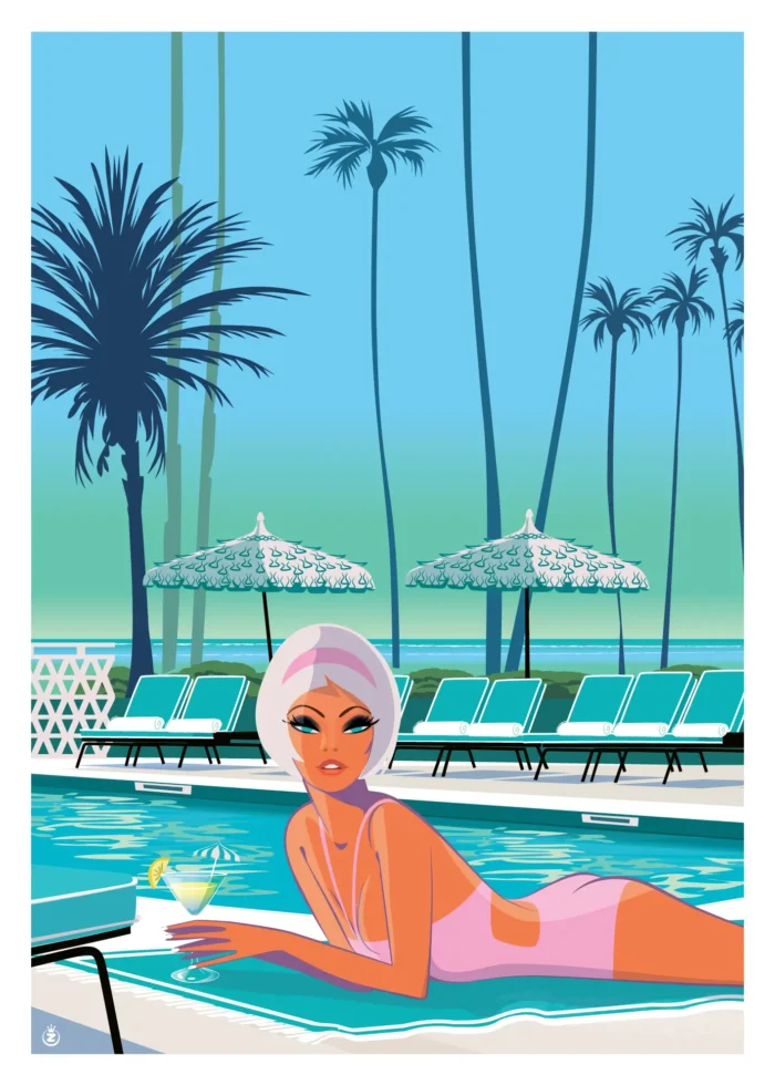 Affiche d'une femme au regard enivrant au bord d'une piscine de Miami par Monsieur Z