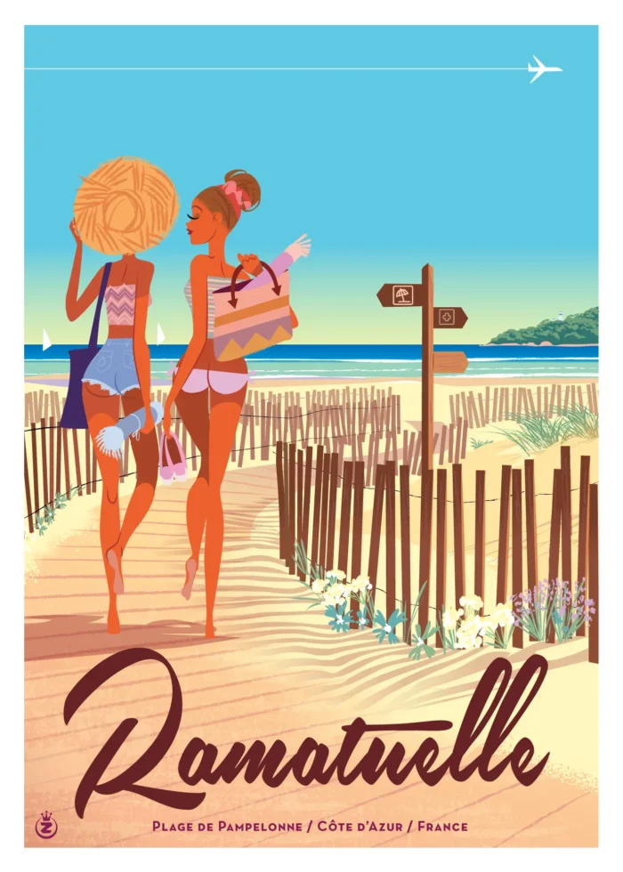 Affiche d'un après-midi à la plage de Pampelonne à Ramatuelle en bleu par Monsieur Z