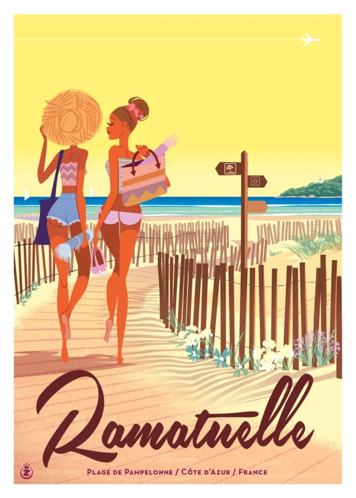 Affiche d'un pique-nique sur la plage de Pampelonne à Ramatuelle en jaune par Monsieur Z
