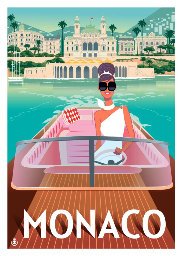Affiche d'un runabout Riva prenant le large au départ de Monaco par Monsieur Z