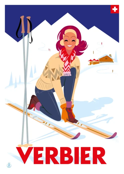 491-Alpes chaussures verbier, Suisse, femme, ski. Affiche, Tirage Art, Digigraphie, Illustration, œuvre, Poster, Fine Art. Monsieur Z
