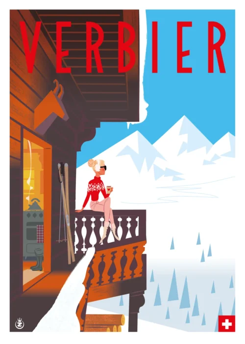 492-chalet verbier Suisse, Balcon, Montagne. Affiche, Tirage Art, Digigraphie, Illustration, œuvre, Poster, Fine Art. Monsieur Z