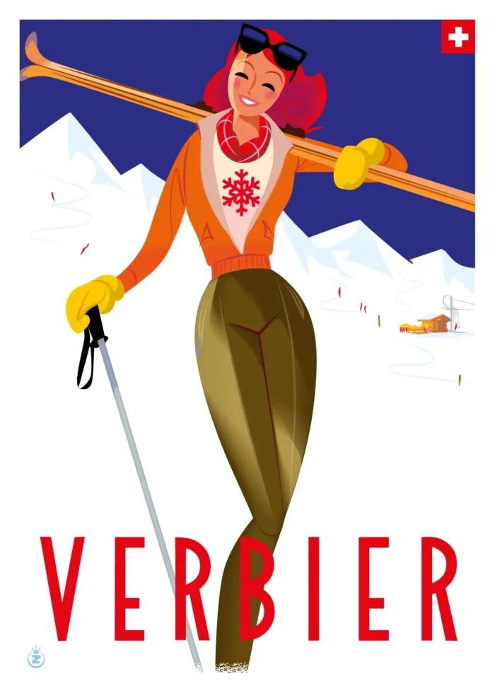 Affiche d'une skieuse rousse posant skis à l'épaule sur les pistes de Verbier par Monsieur Z