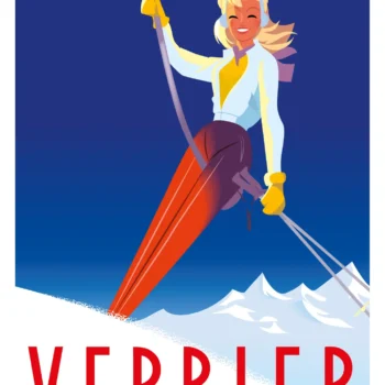 494-tire fesses Verbier, Ski, Montagne, Suisse, Affiche, Tirage Art, Digigraphie, Illustration, œuvre, Poster, Fine Art. Monsieur Z