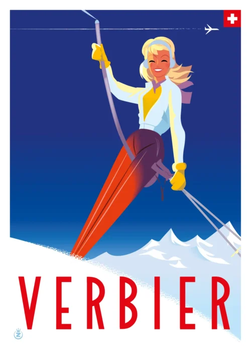 494-tire fesses Verbier, Ski, Montagne, Suisse, Affiche, Tirage Art, Digigraphie, Illustration, œuvre, Poster, Fine Art. Monsieur Z