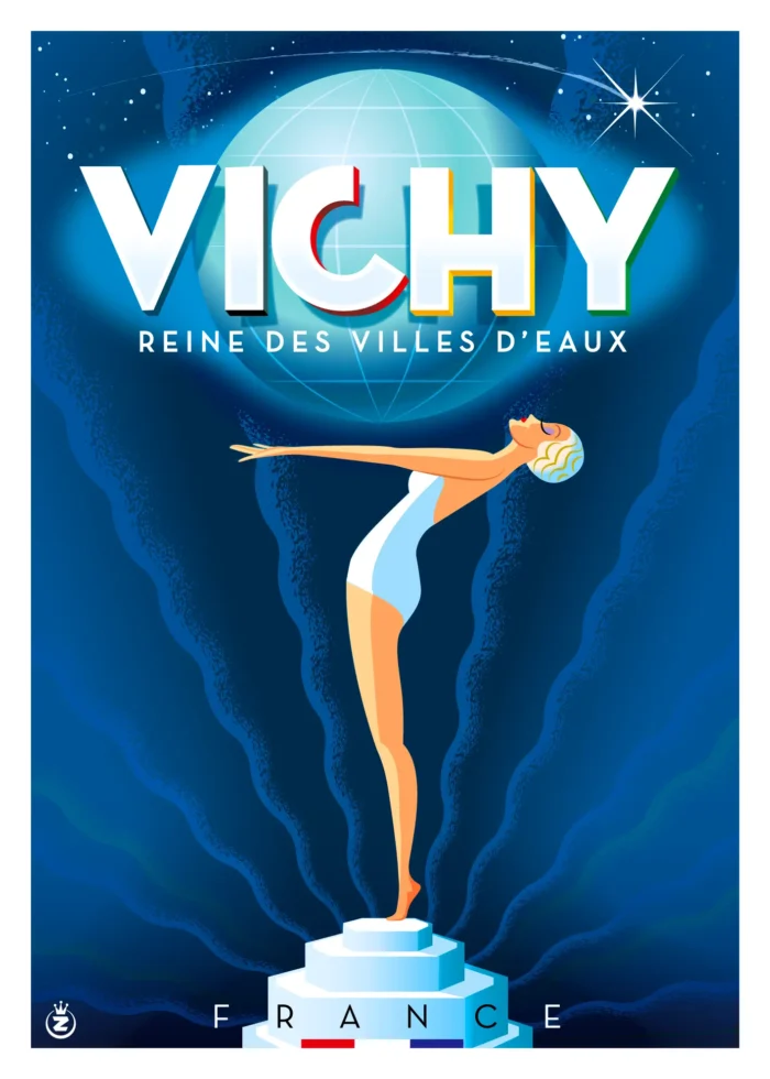 Affiche Vichy reine des villes d'eaux, composition au globe par Monsieur Z