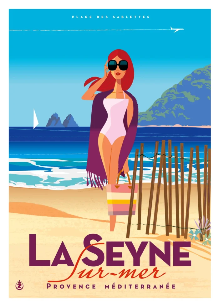 509-la seyne plage Monsieur Z 509-la seyne sur mer, plage des sablettes, Provence Méditerranée, Affiche, Tirage Art, Digigraphie, Illustration, œuvre, Poster, Fine Art. Monsieur Z.