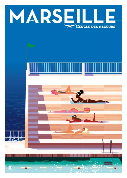 515-cercle des nageurs Marseille, Bronzage, Affiche, Tirage Art, Digigraphie, Illustration, œuvre, Poster, Fine Art. Monsieur Z