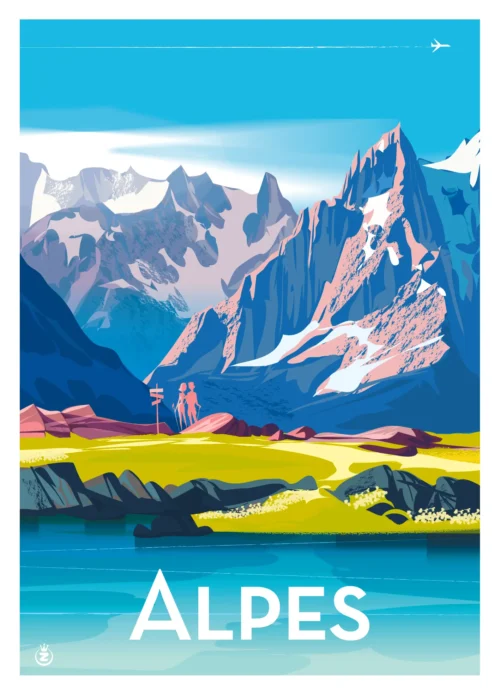 518-montagne lac Alpes, Affiche, Tirage Art, Digigraphie, Illustration, œuvre, Poster, Fine Art. Monsieur Z