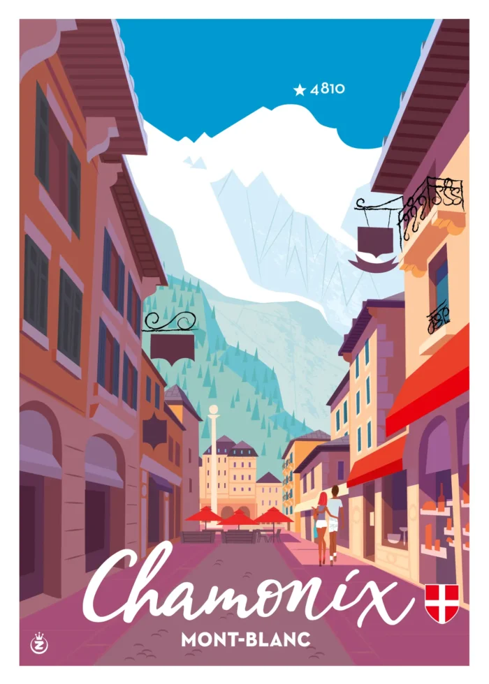 Affiche du Mont-Blanc aperçu depuis une rue de Chamonix par Monsieur Z