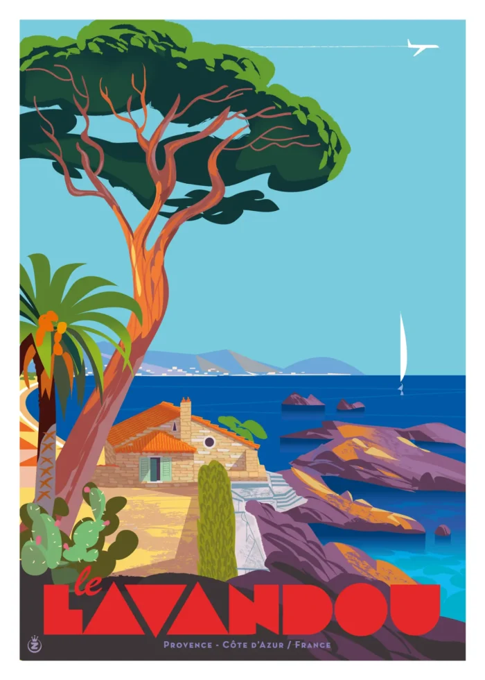 Affiche du littoral du Lavandou avec pins et rochers par Monsieur Z