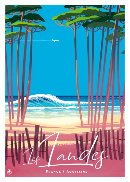 529- Landes France aquitaine plage mer. Affiche, Tirage Art, Digigraphie, Illustration, œuvre, Poster, Fine Art. Monsieur Z