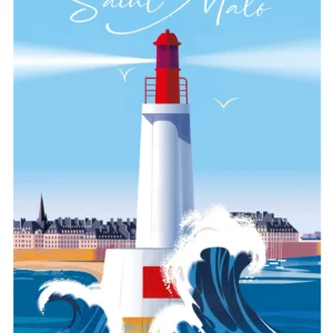 530- Saint Malo France phar, Bretagne, vague. Affiche, Tirage Art, Digigraphie, Illustration, œuvre, Poster, Fine Art. Monsieur Z