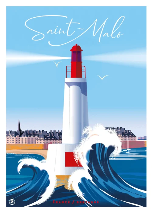 530- Saint Malo France phar, Bretagne, vague. Affiche, Tirage Art, Digigraphie, Illustration, œuvre, Poster, Fine Art. Monsieur Z