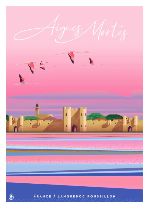 531- Aiges Mortes Frane Languedoc Roussillon Flamment rose. Affiche, Tirage Art, Illustration, œuvre, Poster, Fine Art, Digigraphie. Monsieur Z