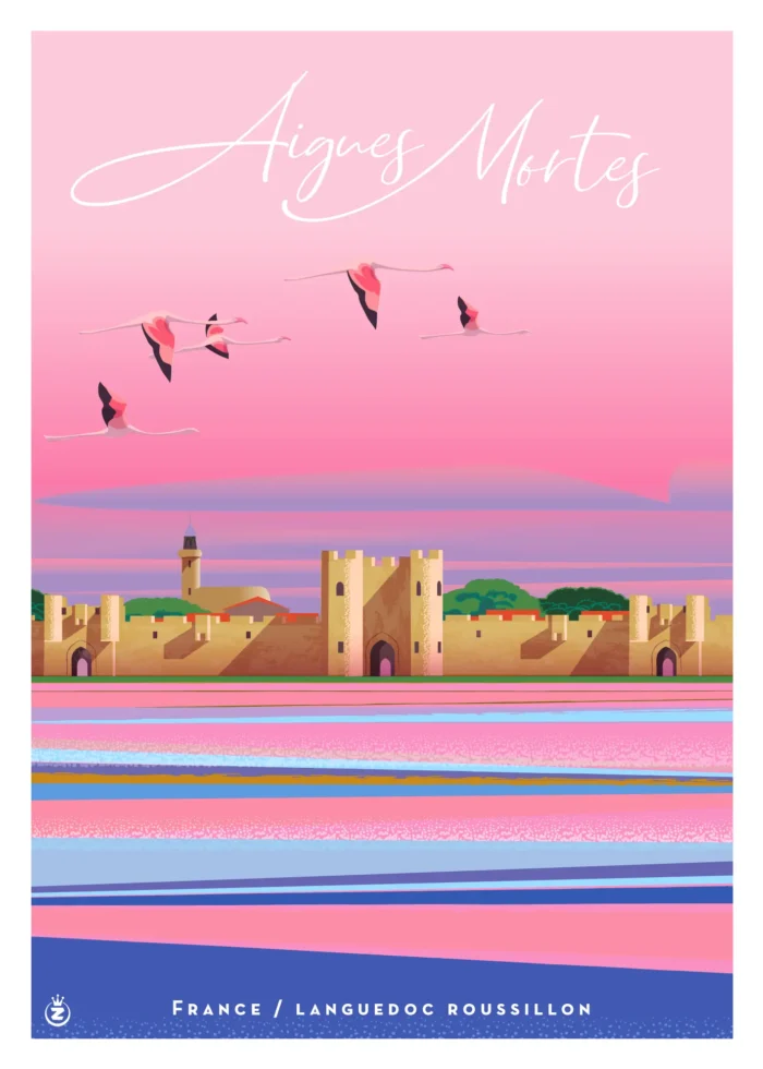 531- Aiges Mortes Frane Languedoc Roussillon Flamment rose. Affiche, Tirage Art, Illustration, œuvre, Poster, Fine Art, Digigraphie. Monsieur Z