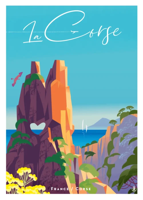 533- Corse Massif rocheux, France, Corse rocher en forme de coeur. Affiche, Tirage Art, Digigraphie, Illustration, œuvre, Poster, Fine Art. Monsieur Z