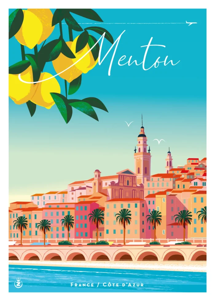 534-Menton Citron, Côte d'azur, Méditerranée. Affiche, Tirage Art, Illustration, œuvre, Poster, Fine Art, Digigraphie. Monsieur Z