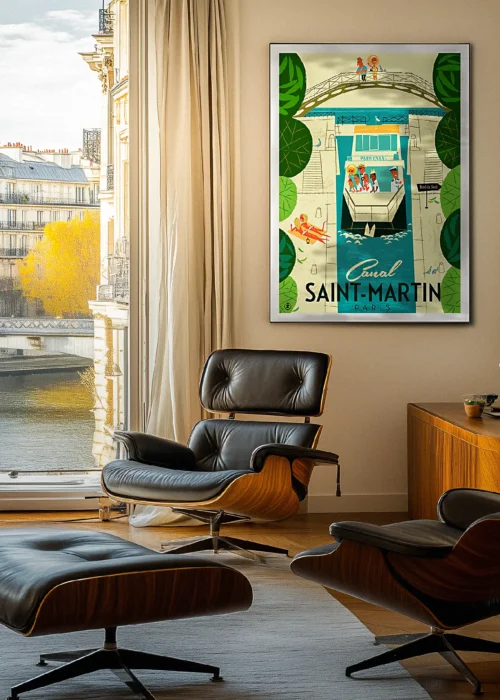 238-canal saint martin, Paris, Bateau Toursime, Capital, Décoration d'intérieur, Tableau, Œuvre d'art, Design, Affiche, Fine Art, Poster, Déco. Monsieur Z Illustration