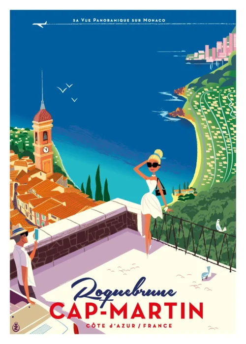 239-Roquebrune cap Martin mer Méditérranée, .Affiche, Tirage Art, Illustration, œuvre, Poster, Fine Art, Digigraphie. Monsieur Z