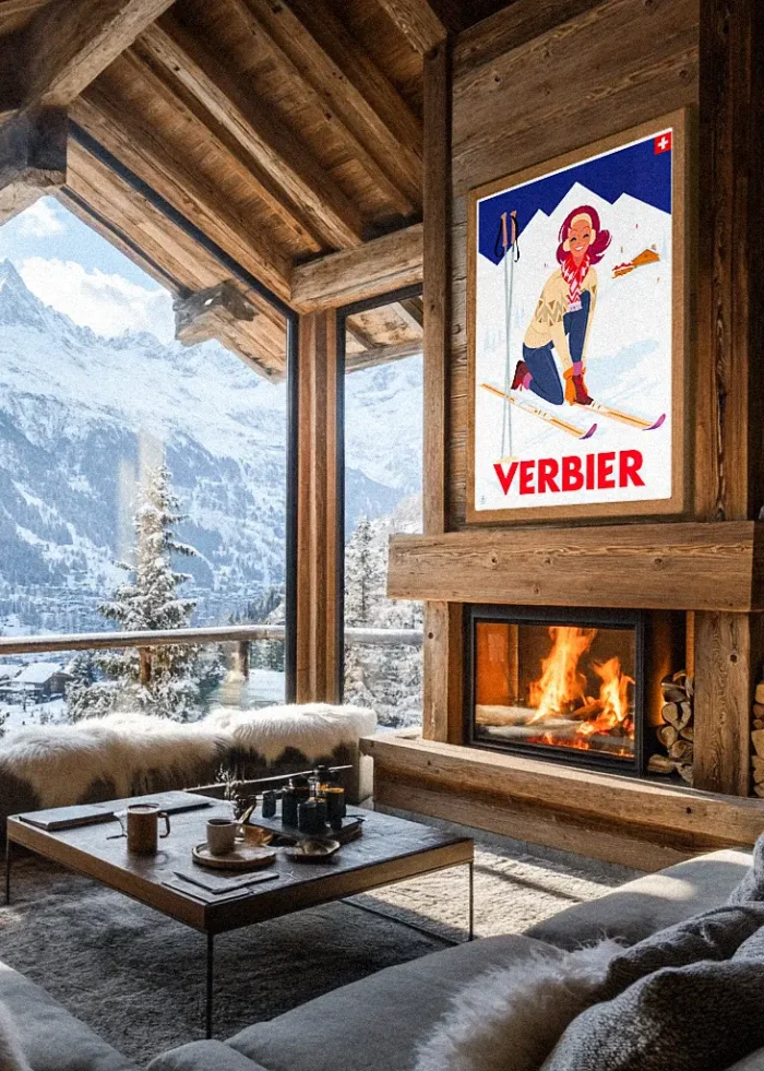 491_site 491 Verbier, ski, Fille chausse ses ski Décoration d'intérieur Mid-century, Tableau, Œuvre d'art, Design, Affiche, Fine Art, Poster, Déco. Monsieur Z