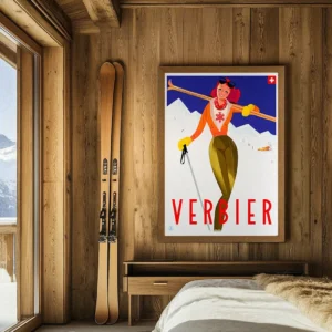493 Verbier, Fille Rousse porte Ski Chalet Décoration d'intérieur Mid-century, Tableau, Œuvre d'art, Design, Affiche, Fine Art, Poster, Déco. Monsieur Z