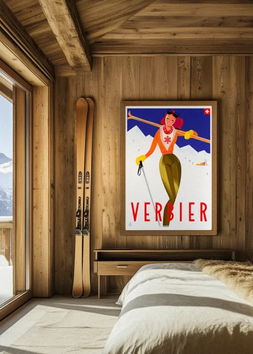 493 Verbier, Fille Rousse porte Ski Chalet Décoration d'intérieur Mid-century, Tableau, Œuvre d'art, Design, Affiche, Fine Art, Poster, Déco. Monsieur Z