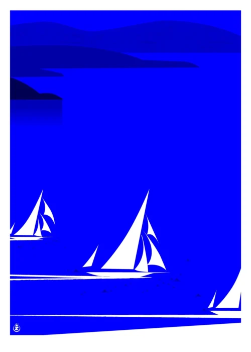 535- Voiles Saint-Tropez, mer Méditérranée, deep bleu, Voiles Blanches. Affiche, Tirage Art, Illustration, œuvre, Poster, Fine Art, Digigraphie. Monsieur Z