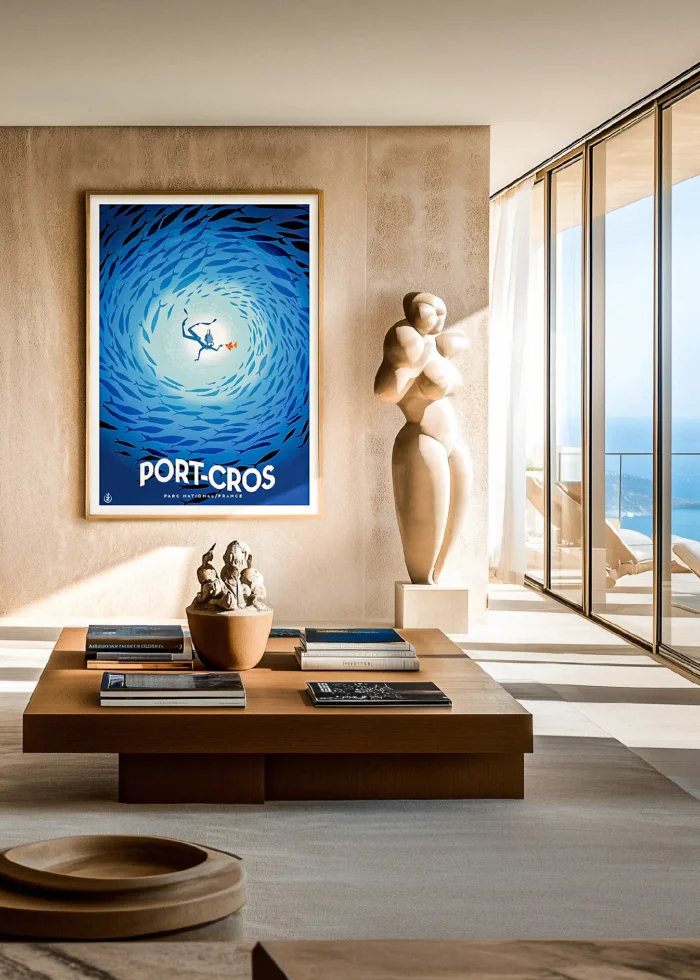 453_Port-cros Affiche Port-Cros Bleu Monsieur Z. Décoration d'intérieur, Tableau, Œuvre d'art, Design, Affiche, Fine Art, Poster, Déco. Monsieur Z Illustration