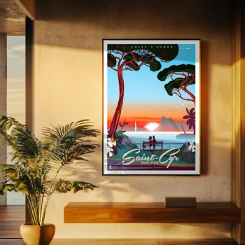 Saint-Cyr sur Mer, Côte d'azur, Couple, Couché de Soleil, Décoration d'intérieur, Tableau, Œuvre d'art, Design, Affiche, Fine Art, Poster, Déco. Monsieur Z Illustration