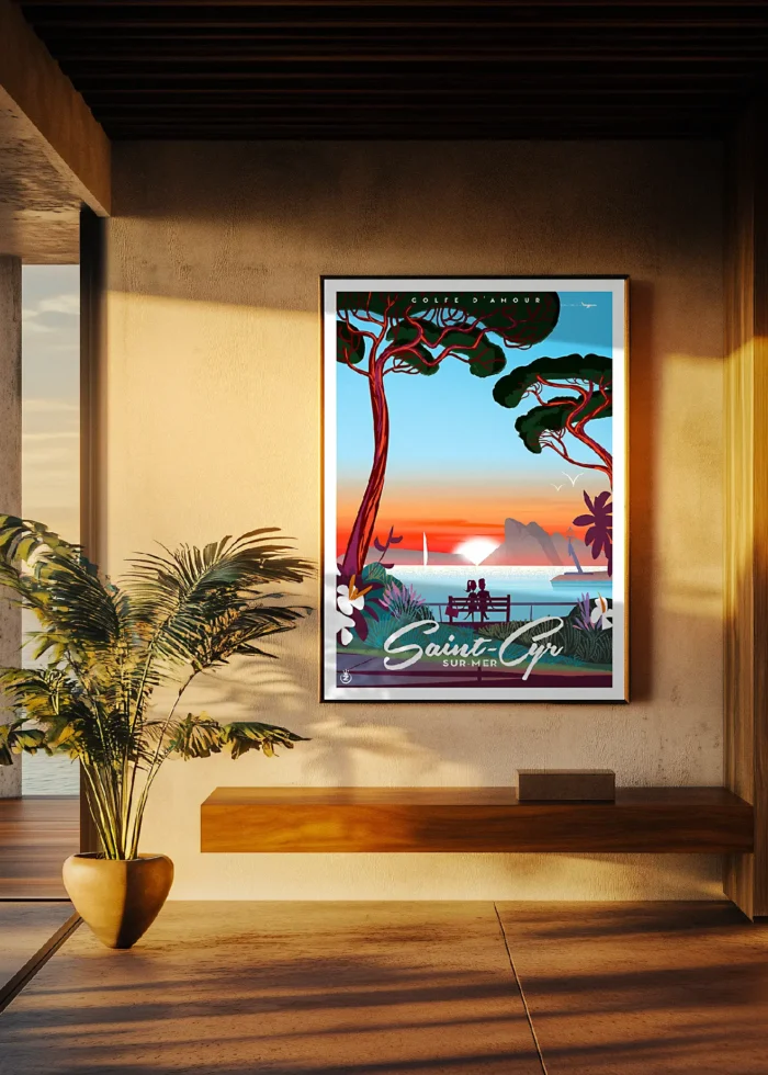 470_Saint-Cyr Saint-Cyr sur Mer, Côte d'azur, Couple, Couché de Soleil, Décoration d'intérieur, Tableau, Œuvre d'art, Design, Affiche, Fine Art, Poster, Déco. Monsieur Z Illustration