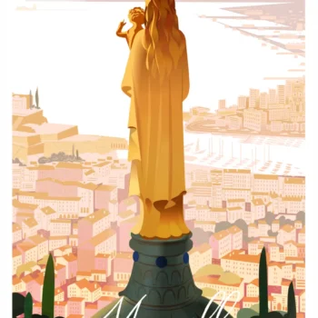 Affiche Bonne Mère Marseille Monsieur Z, Basilique de Notre Dame de la Garde, Doré et rose, Icone de la Ville Phocéenne .Tirage Art, Illustration, œuvre, Poster, Fine Art, Digigraphie.