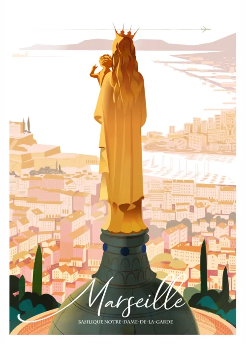 Affiche Bonne Mère Marseille Monsieur Z, Basilique de Notre Dame de la Garde, Doré et rose, Icone de la Ville Phocéenne .Tirage Art, Illustration, œuvre, Poster, Fine Art, Digigraphie.
