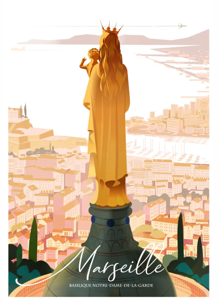 Affiche Bonne Mère Marseille Monsieur Z, Basilique de Notre Dame de la Garde, Doré et rose, Icone de la Ville Phocéenne .Tirage Art, Illustration, œuvre, Poster, Fine Art, Digigraphie.