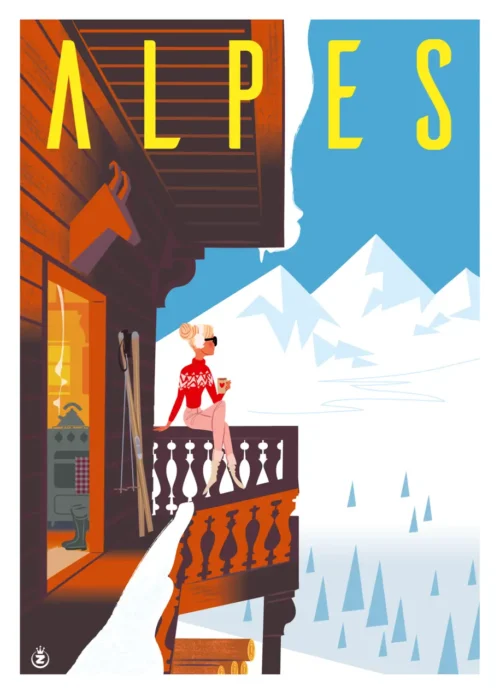 Affiche Alpes Montagne Vintage Monsieur Z, Chalet. Illustration, Fine Art, Poster, Tableau Tirage Art, Digigraphie,, œuvre, Fine Art, Design.