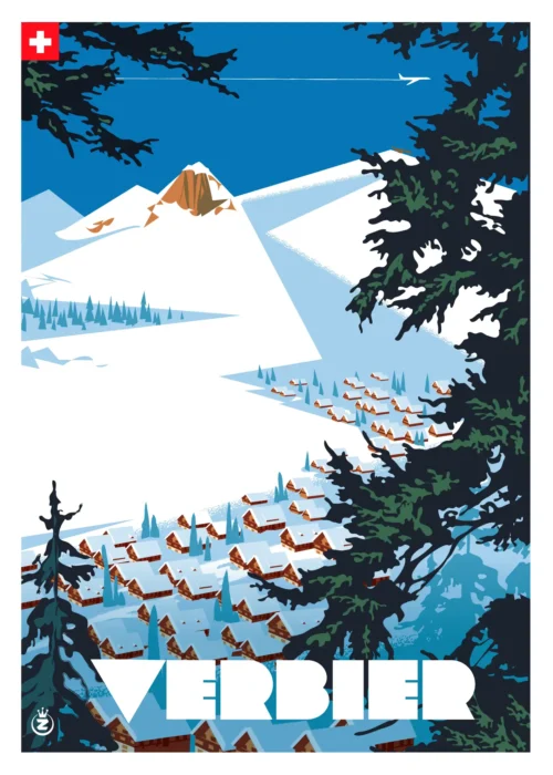 Affiche Verbier Monsieur Z vue village Chalet Neige ski Suisse. Tirage Art, Digigraphie, Illustration, œuvre, Poster, Fine Art.