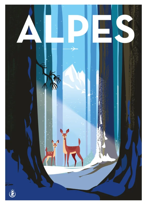 Affiche Monsieur Z ALPES Bambi Neige. Tirage Art, Digigraphie, Illustration, œuvre, Poster, Fine Art.