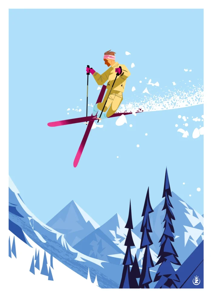 Affiche d'un homme en plein saut freestyle au-dessus des sapins enneigés par Monsieur Z
