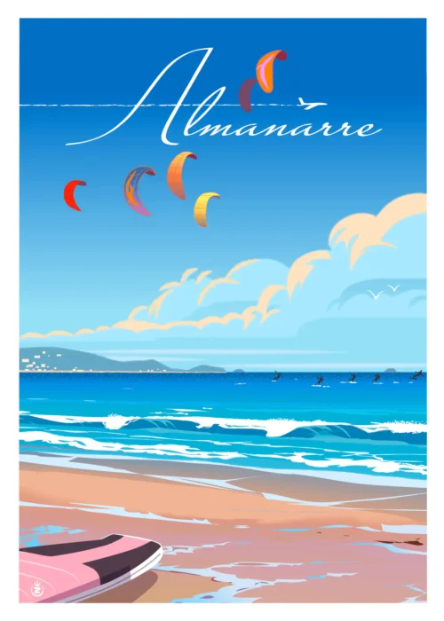 Affiche Almanarre kite surf Monsieur Z vue village Chalet Neige ski Suisse. Tirage Art, Digigraphie, Illustration, œuvre, Poster, Fine Art.