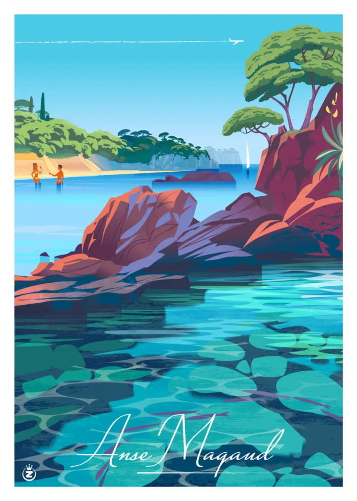 549-Magaud Affiche d'une baignade dans la crique préservée de l'Anse Magaud par Monsieur Z