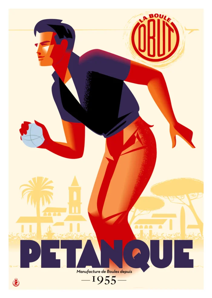 Affiche d'un joueur de pétanque en action au village par Monsieur Z