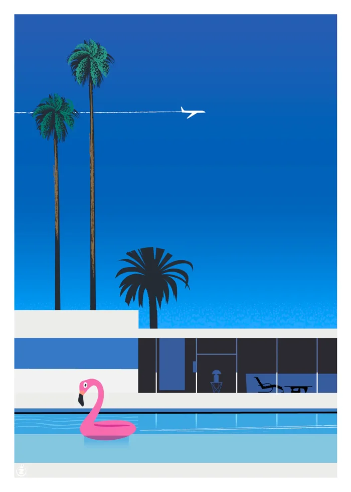Affiche d'un flamant rose au bord d'une piscine mid-century par Monsieur Z