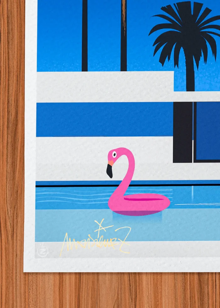 Signature-554 Affiche Retro wave Flament Rose Piscine Signée Monsieur Z, Tirage d'art,