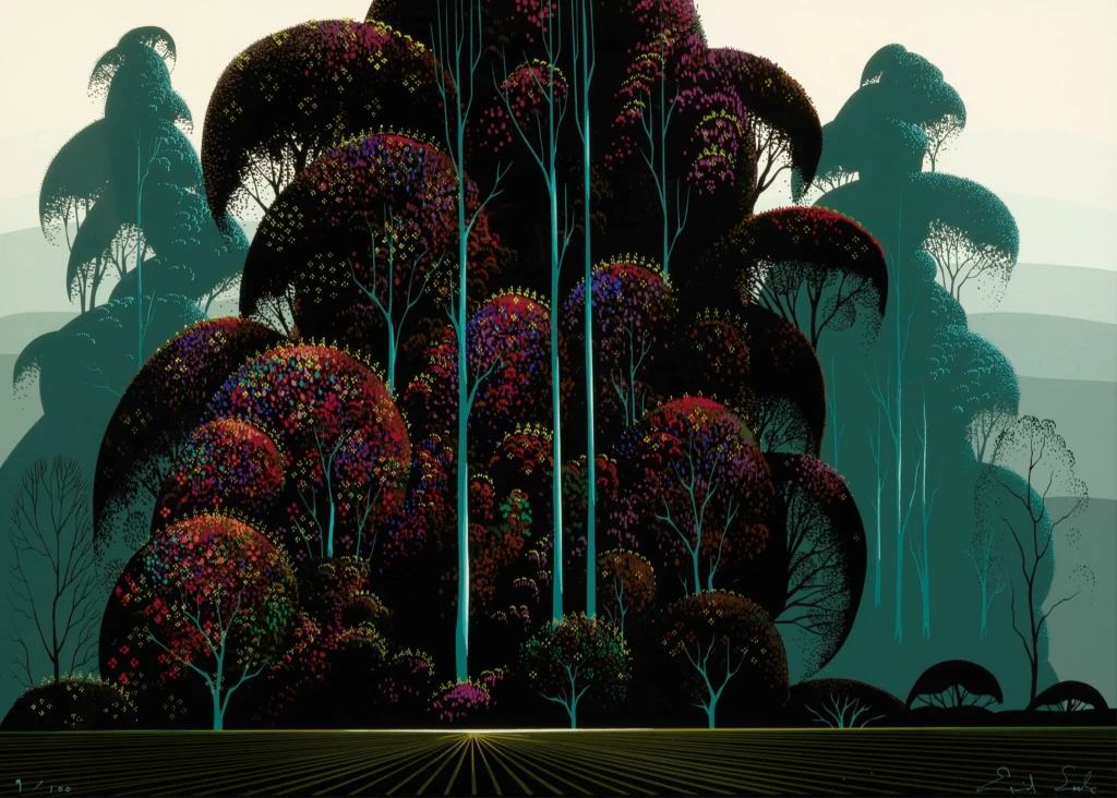 Eyvind Earle crimson autumn